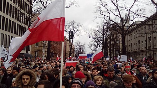 A Committee for the Defence of Democracy protest in Warsaw against Poland's new government, 12 December 2015