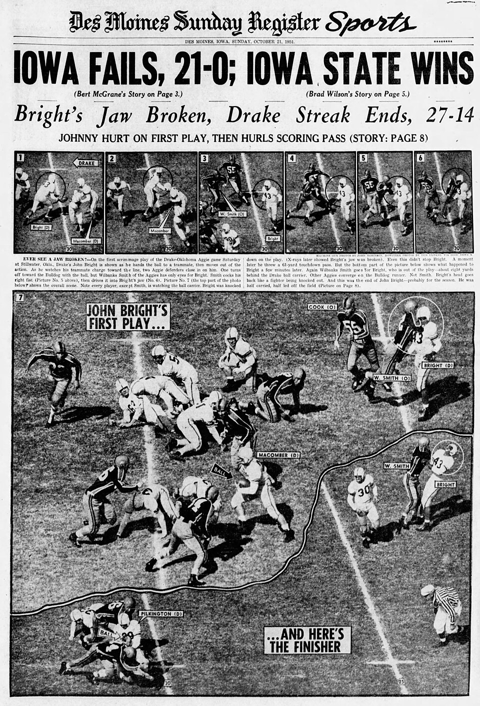 Des Moines Register sports page, with photos of the Johnny Bright incident