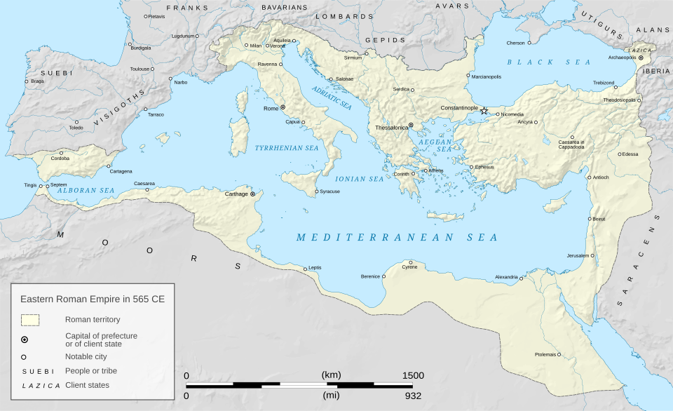 Vector map showing the Eastern Roman Empire (or Byzantine Empire) at the end of Justinian's reign in 565