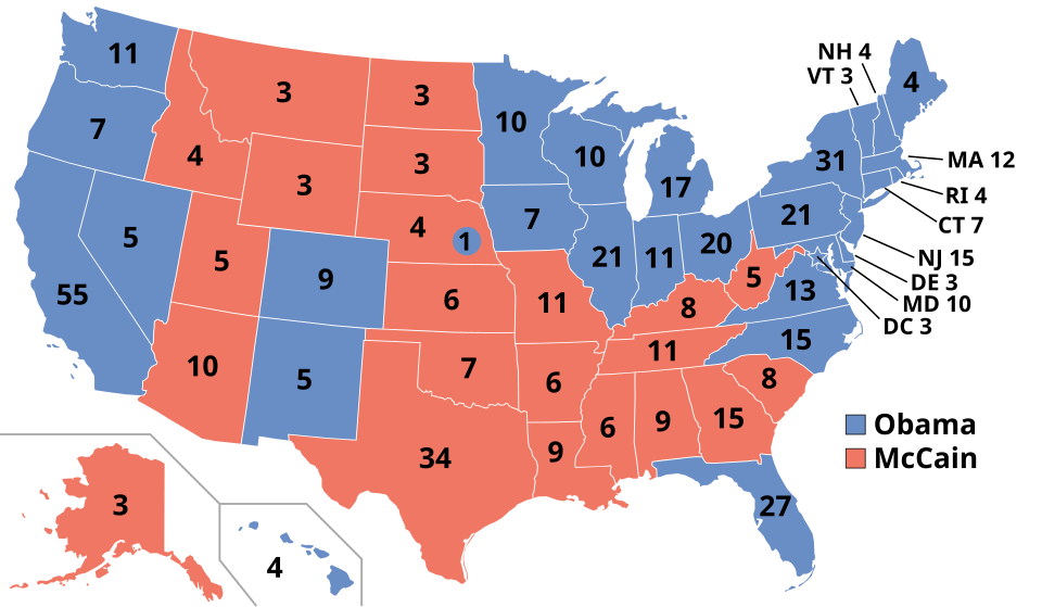 Electoral college map for the 2008 United States presidential election (note: Nebraska and Maine split their EVs by congressional district). Please only…