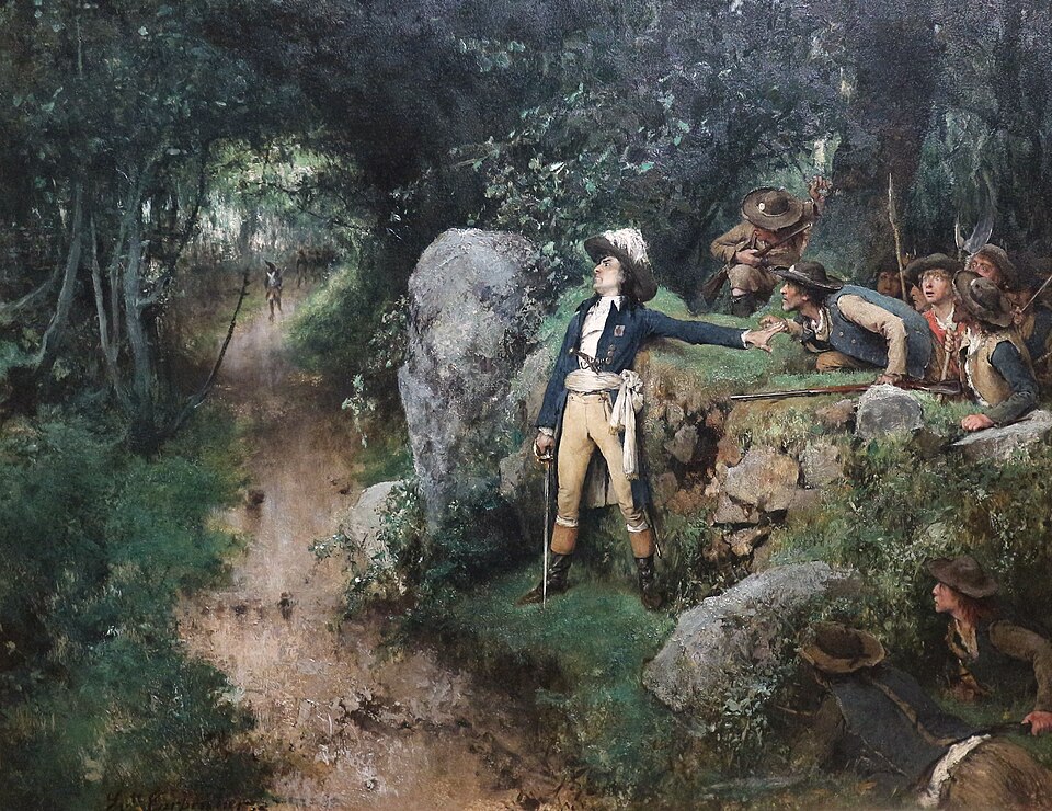 At the edge of a sunken road in the bocage, a Vendée chief standing sword in hand signals to his group of ten Vendéans not to move, a Republican soldier…