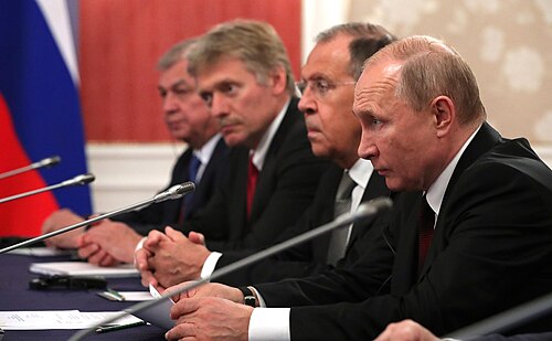 Russia's president Vladimir Putin, Foreign Minister Sergey Lavrov, and Kremlin Spokesman Dmitry Peskov
