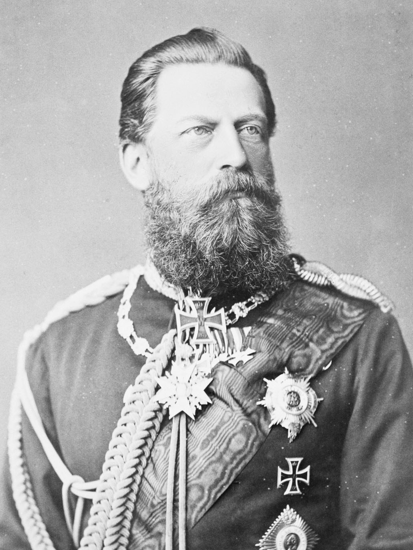 Cropped photograph of Crown Prince Frederick William of Prussia: half length portrait, in military uniform with thick long beard and moustache