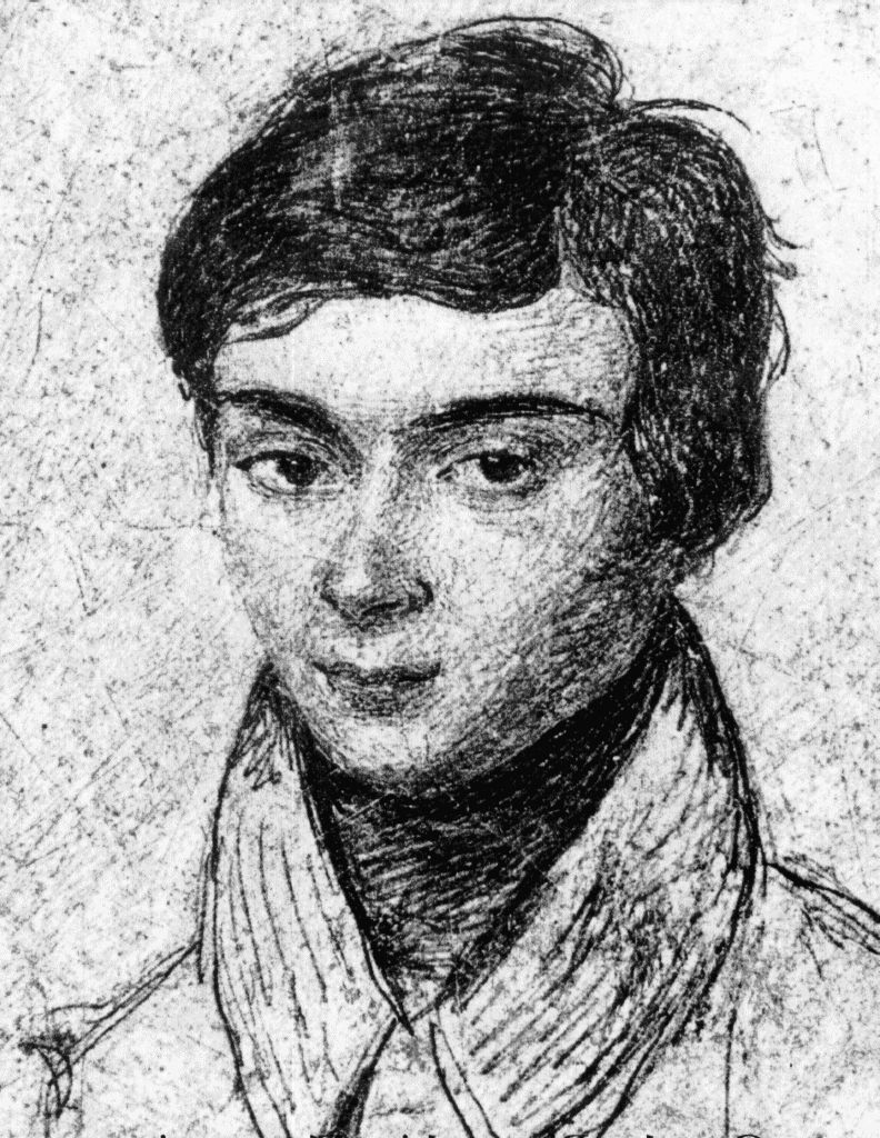Portrait of Évariste Galois, young man in front of bust coating a redingote.