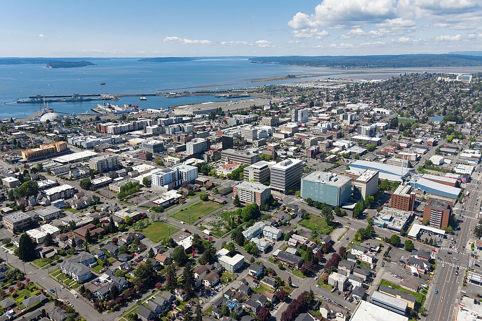 Aerial view of downtown Everett, Washington, the county seat and most populous city in Snohomish County.