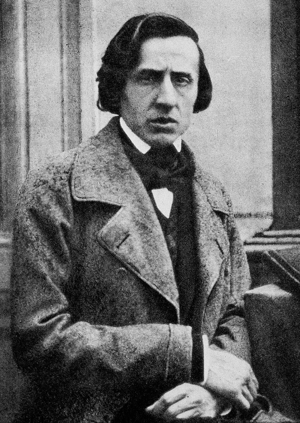 The younger and better of only two known photographs of Frédéric Chopin . This is from 1849, the older from 1847 you find here: File:Chopin1847 R SW.jpg