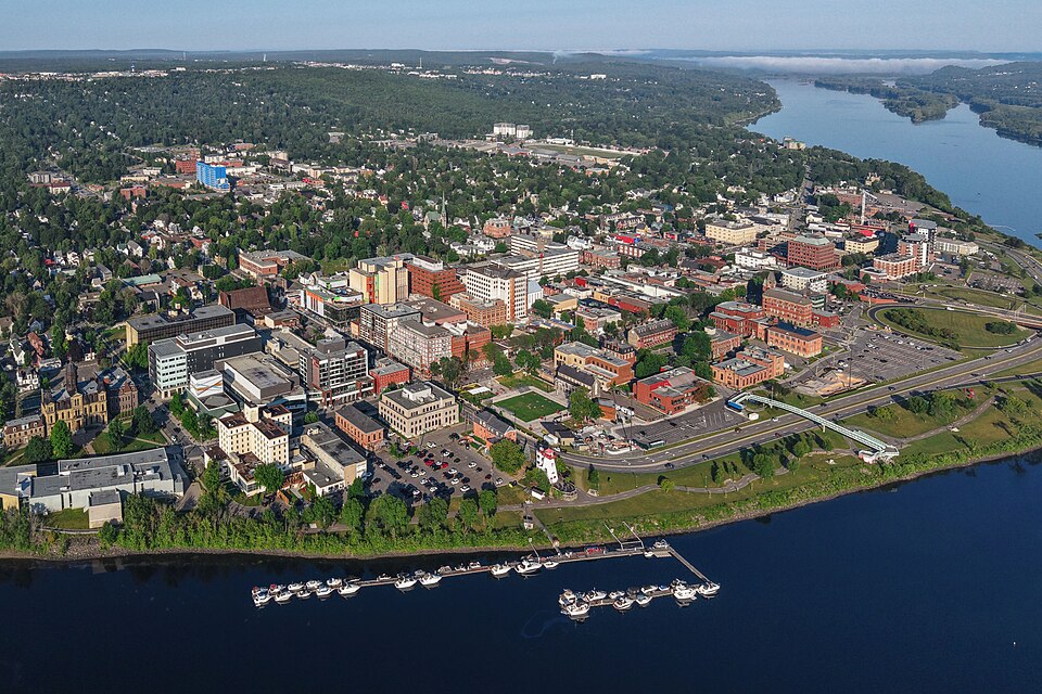 Aerial view of downtown Fredericton, New Brunswick (pop. 125,303).