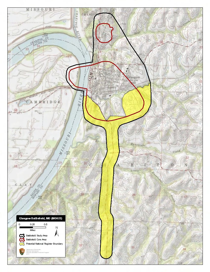 Map of battlefield core and study areas. Although the battlefield was surveyed in 1993, the CWSAC did not delineate a Study Area or a Core Area for Glasgow.…
