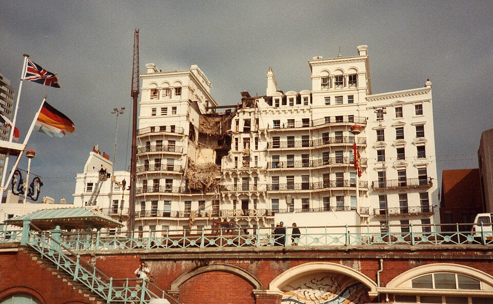 The Grand Hotel in Brighton following the IRA bomb attack. The photo was taken on the morning of 12 October 1984, some hours after the blast.