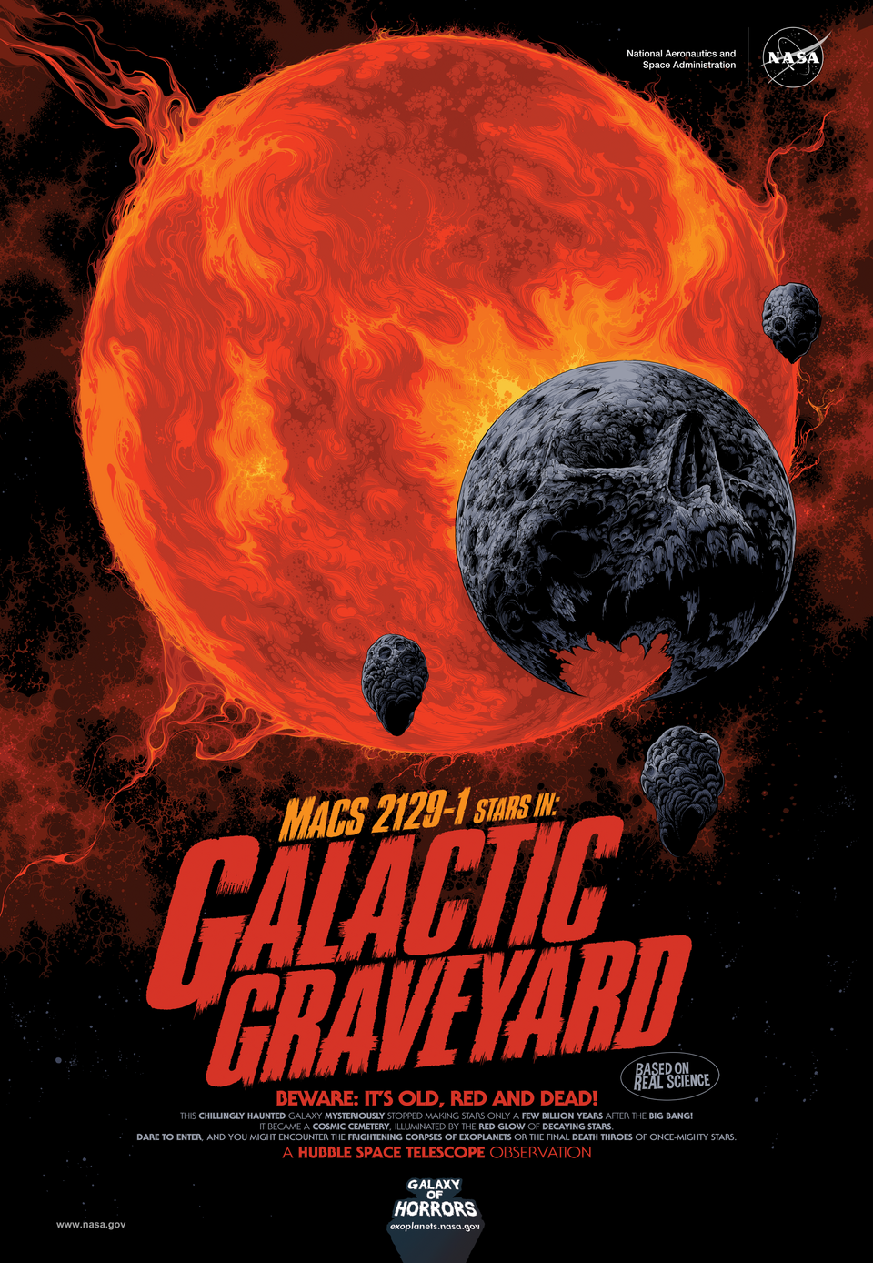 Macs 2129-1 Galactic Graveyard: "This chillingly haunted galaxy mysteriously stopped making stars only a few billion years after the Big Bang! It became a…