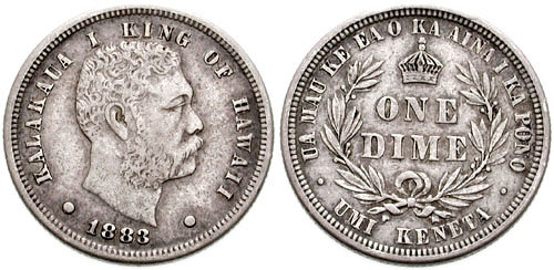 Hawaii . Kalakaua I. 1874-1891 AR Umi Keneta [Dime] (18mm, 2.48 g, 6h). Charles E. Barber, engraver. Dated 1883. Bare head right ONE DIME within crowned…