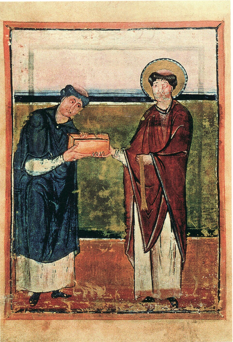 Hornbacher Sakramentar (Schatzkammer St. Ursus in solothurn, Cod. U 1), fol. 8v. Zweites Bild des Widmungszyklus. Abt Adalbert übergibt den Codex dem Hl. Pirmin