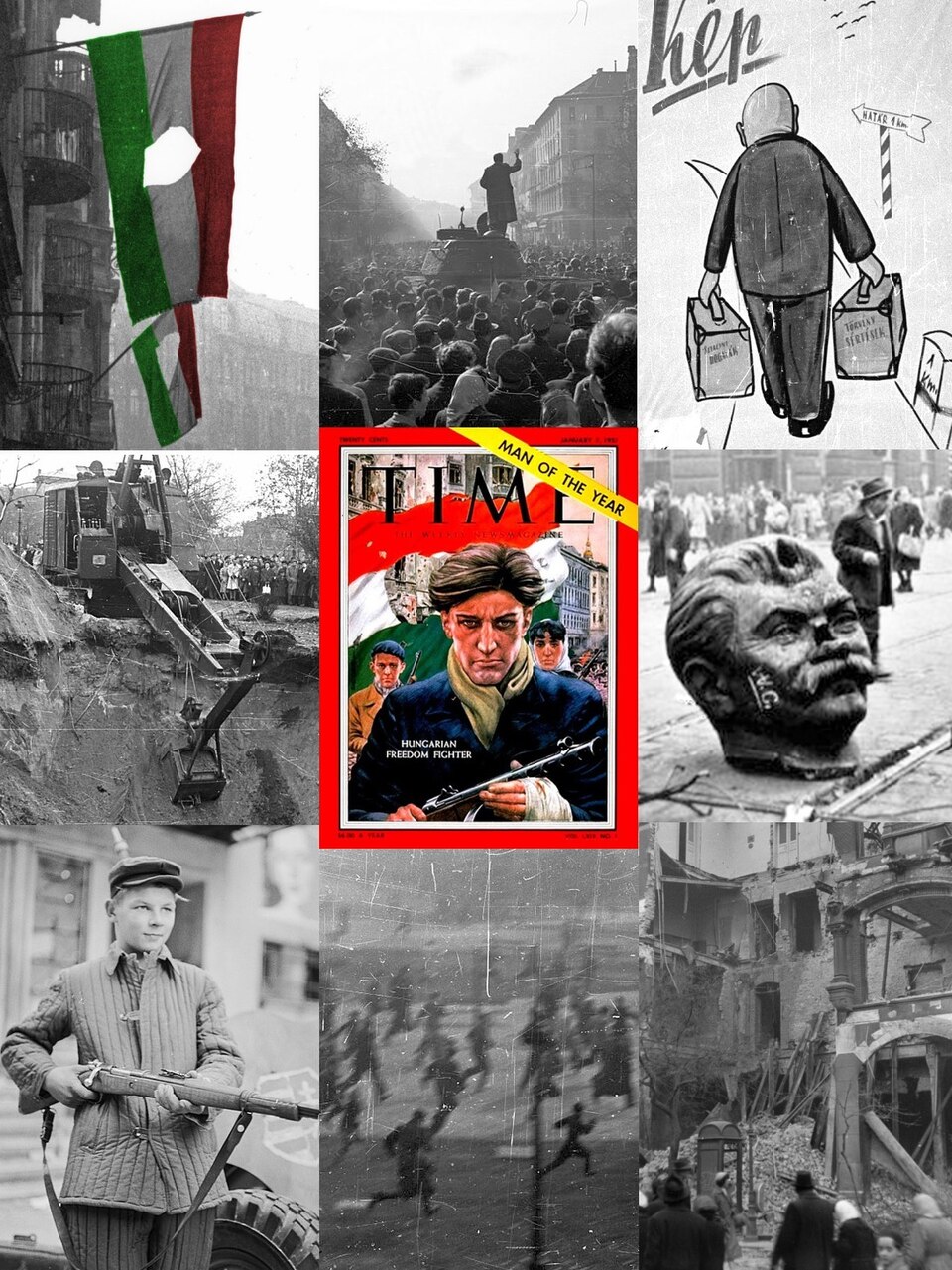 Hungarian Revolution of 1956 collage: The flag of the rebels was the flag of Hungary colors with the coat of arms of the Hungarian People's Republic cut out…