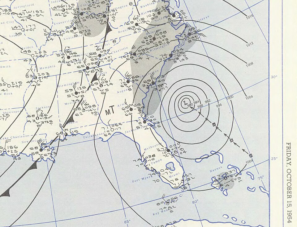 Enlarged weather map of Hurricane Hazel nearing peak intensity and landfall near the North Carolina/South Carolina border on October 15, 1954.