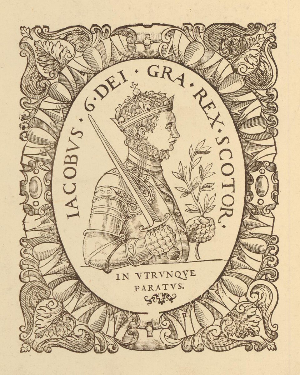 Portrait of James VI of Scotland as a boy, half length in ornamental oval frame, wearing crown and armour, and holding sword and olive branch; illustration…