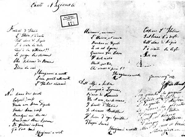 Canto degli italiani, Inno di Mameli, Inno nazionale italiano. L'autografo dei versi dell'Inno di Mameli – Italian National Anthem "Inno di Mameli". (Testo…