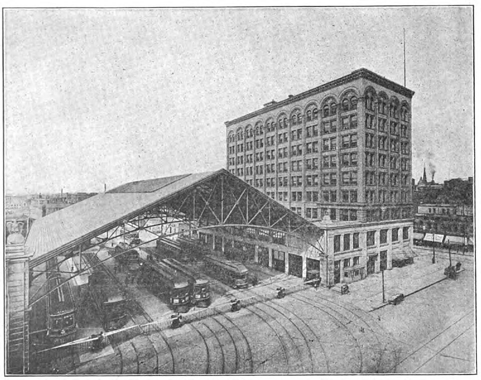 The newly built Indianapolis Traction and Terminal complex, the interurban and city hub of Indiana's electric light rail system in 1913