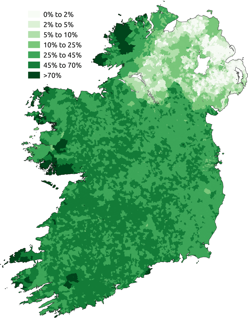 Proportion of respondents aged 3+ who said they could speak Irish in the Ireland census 2011 or the Northern Ireland census 2011.