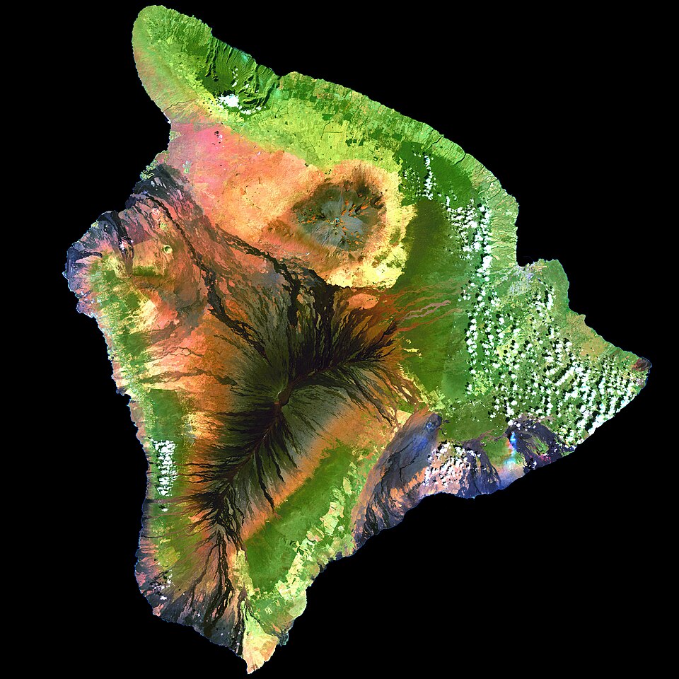 This simulated true-color image of the island of Hawai'i was derived from data gathered by the Enhanced Thematic Mapper plus (ETM+) on the Landsat 7…