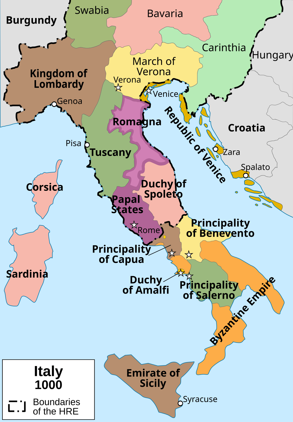 Political map of Italy in 1000 AD (CE).