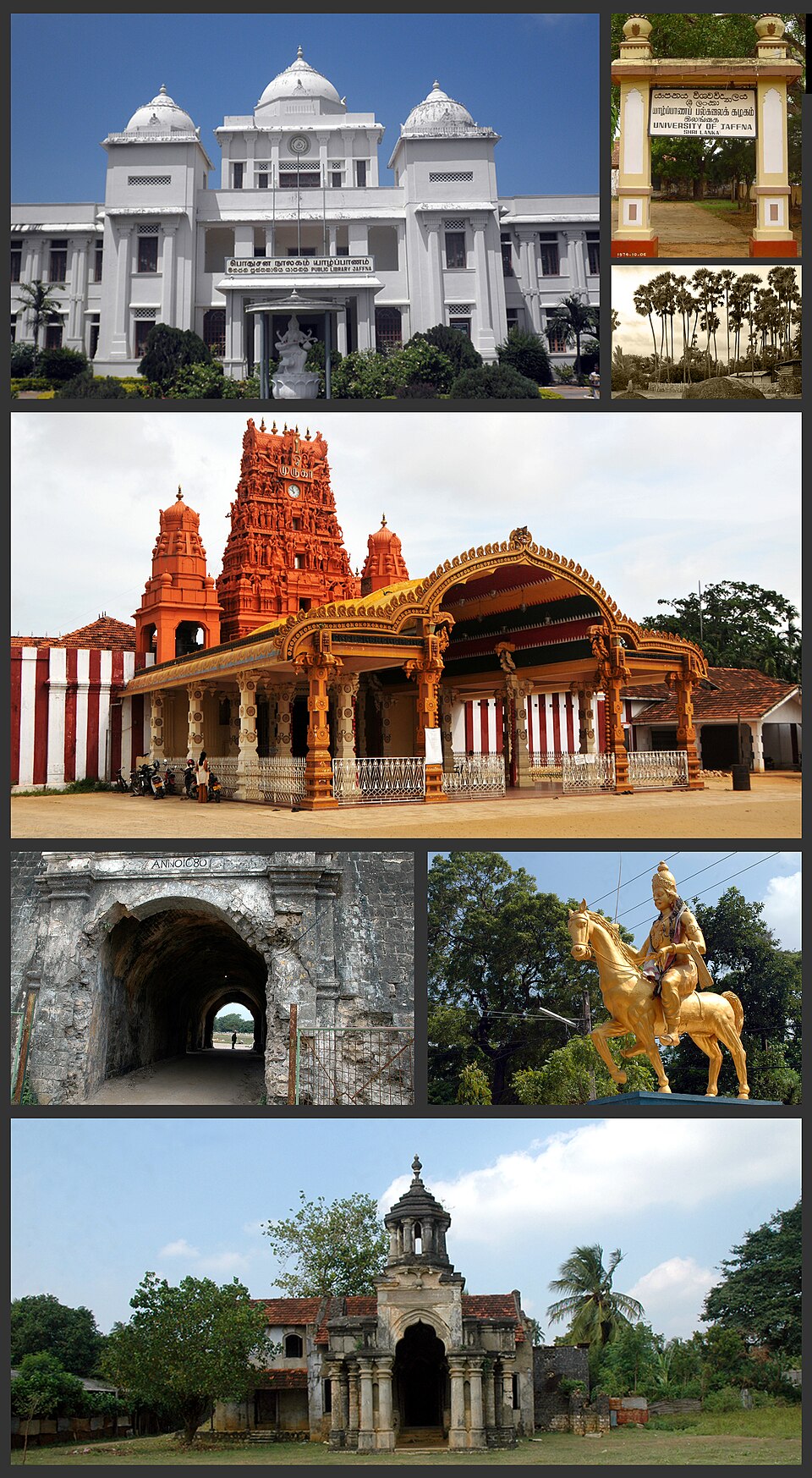 Jaffna montage: - Clockwise from top: Jaffna Public Library, Name board of University of Jaffna, Kandarodai archiological site, Nallur Kandaswamy temple,…