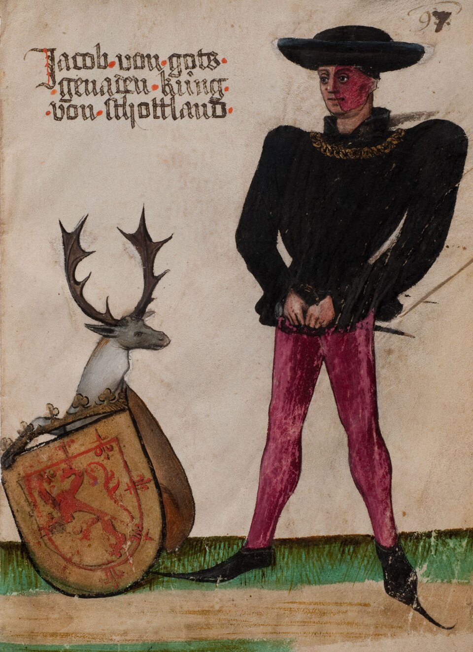 James II of Scotland depicted in the diary of Jörg von Ehingen, 15th century, Held in the Württembergische Landesbibliothek, Stuttgart.