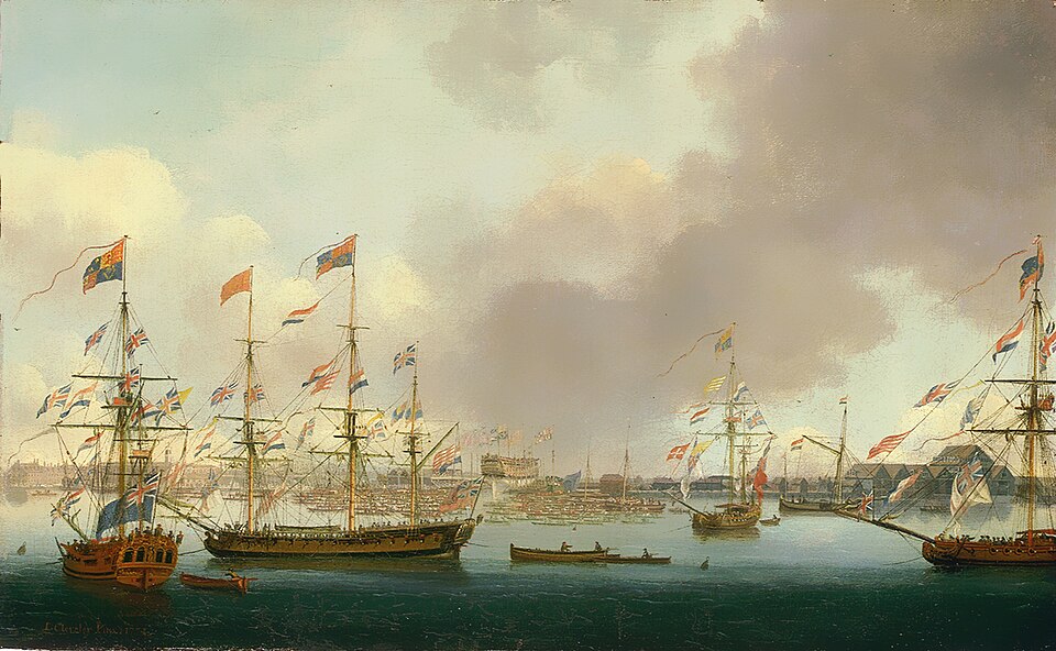 John Cleveley the Younger, Launch of HMS Alexander at Deptford in 1778. The launch of the 74-gun warship HMS 'Alexander' at Deptford Dockyard. The…