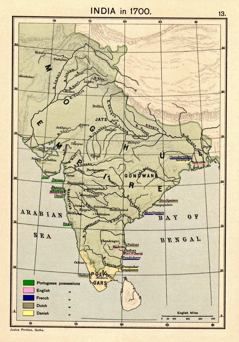 Map of India 1700 showing the Mughal Empire and European trading posts/factory towns from: .mw-parser-output…