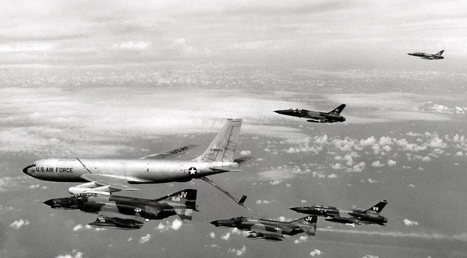 A U.S. Air Force SAM Hunter killer group of the 388th Tactical Fighter Wing takes fuel on the way to North Vietnam for a strike during "Operation…