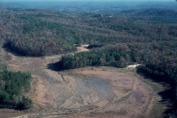 Aerial view of Kelly Barnes Lake area -- looking downstream, dam was near the center of the photograph.