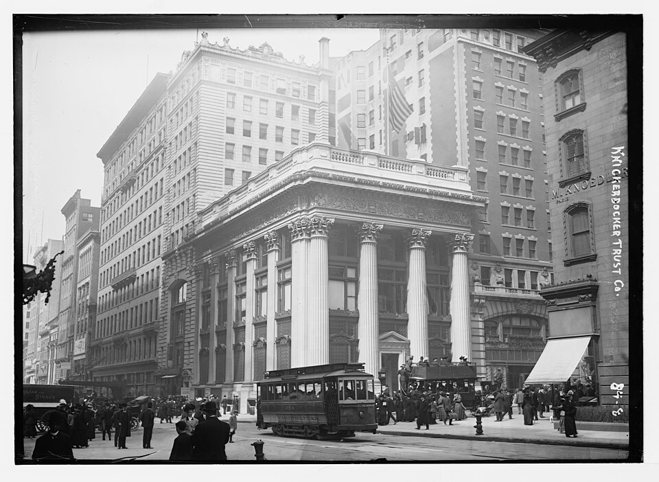 Title: Knickerbocker Trust Co., exterior view, New York Abstract/medium: 1 negative : glass ; 5 x 7 in. or smaller.