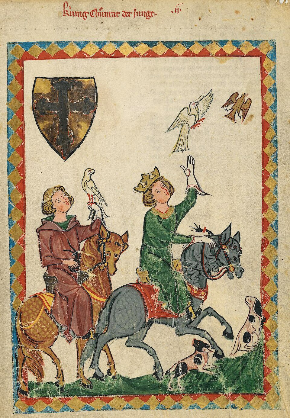 Codex Manesse , fol. 7r, Konradin von Hohenstaufen ("König Konradin der Jüngere") bei der Jagd mit Falken.