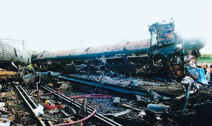 An image of the Ladbroke Grove rail crash as taken by the Metropolitan Police Service