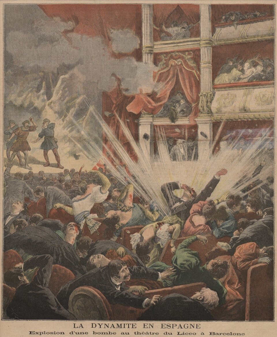 La Dynamite en Espagne, Explosion d'une bombe au théâtre du Liceo à Barcelone ; du titre du "Petit Journal", Supplement Illustré, 25 Nov 1893