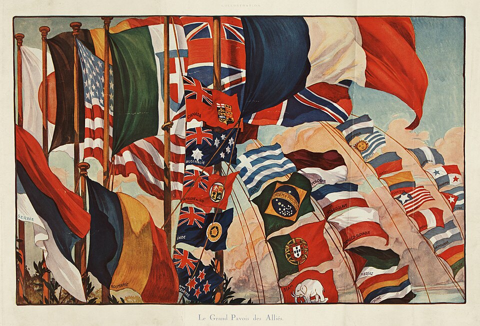 A painting showing a display of the flags of Allied countries participating in World War I, billowing against a cloudy sky. The flags of the main combatants…