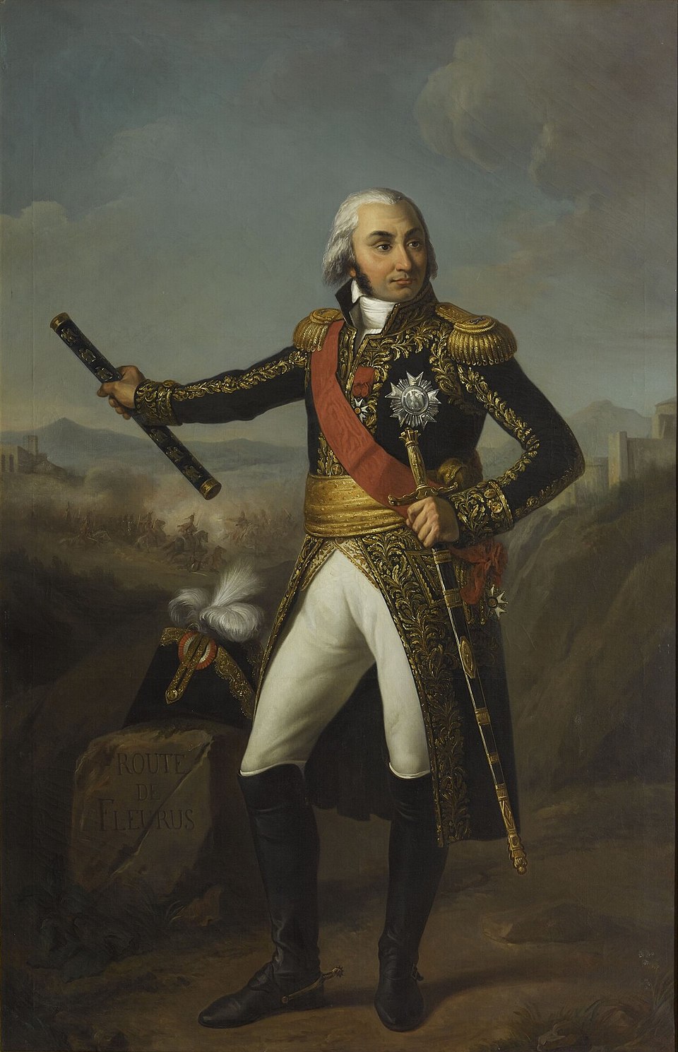 Le maréchal d'Empire Jean-Baptiste Jourdan posant aux côtés d'une pierre indiquant la route de Fleurus, où il remporta sa plus grande victoire. Copie…