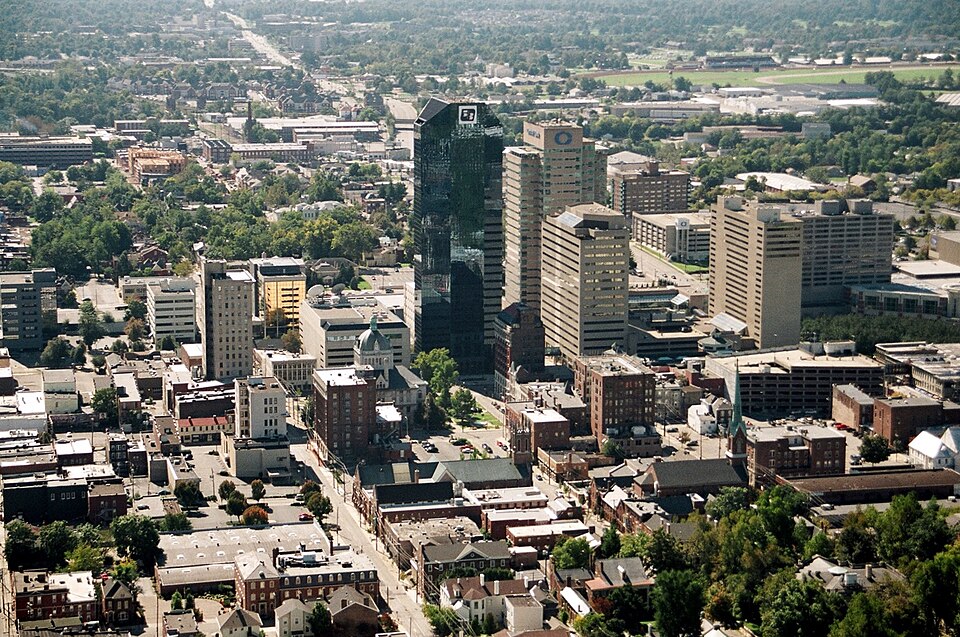 Downtown Lexington, Kentucky. The Lexington Financial Center (blue building) is the city's tallest.