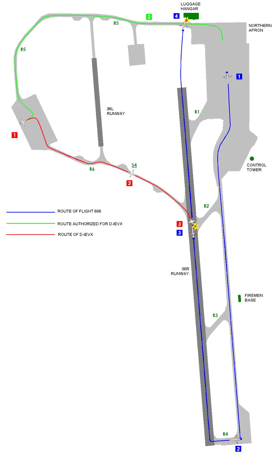 Map showing the routes of the aircraft involved at Linate Airport disaster at Linate Airport (LIN/LIML) in Milan, Italy on 2001 - 10-08 .