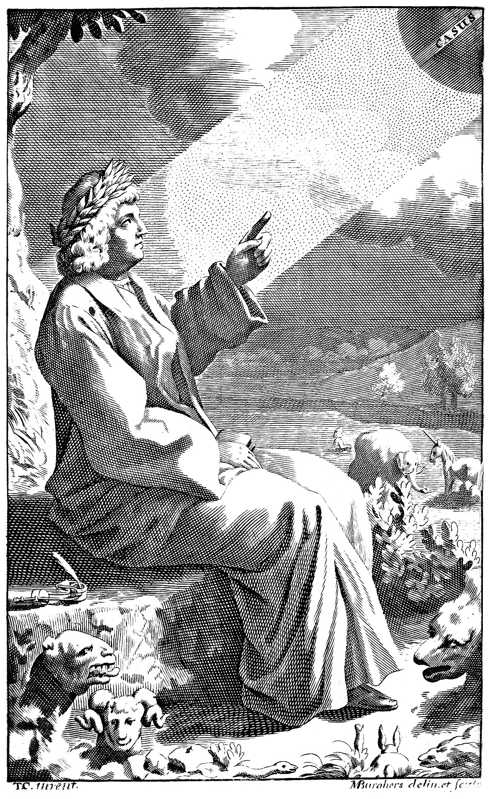The Roman poet Lucretius pointing to the casus, the downward movement of the atoms. From the frontispiece to T. Lucretius Carus, Of the Nature of Things ,…