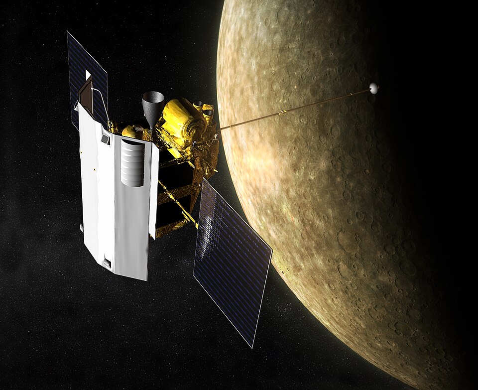 Artist depiction of the MESSENGER spacecraft in orbit around Mercury.