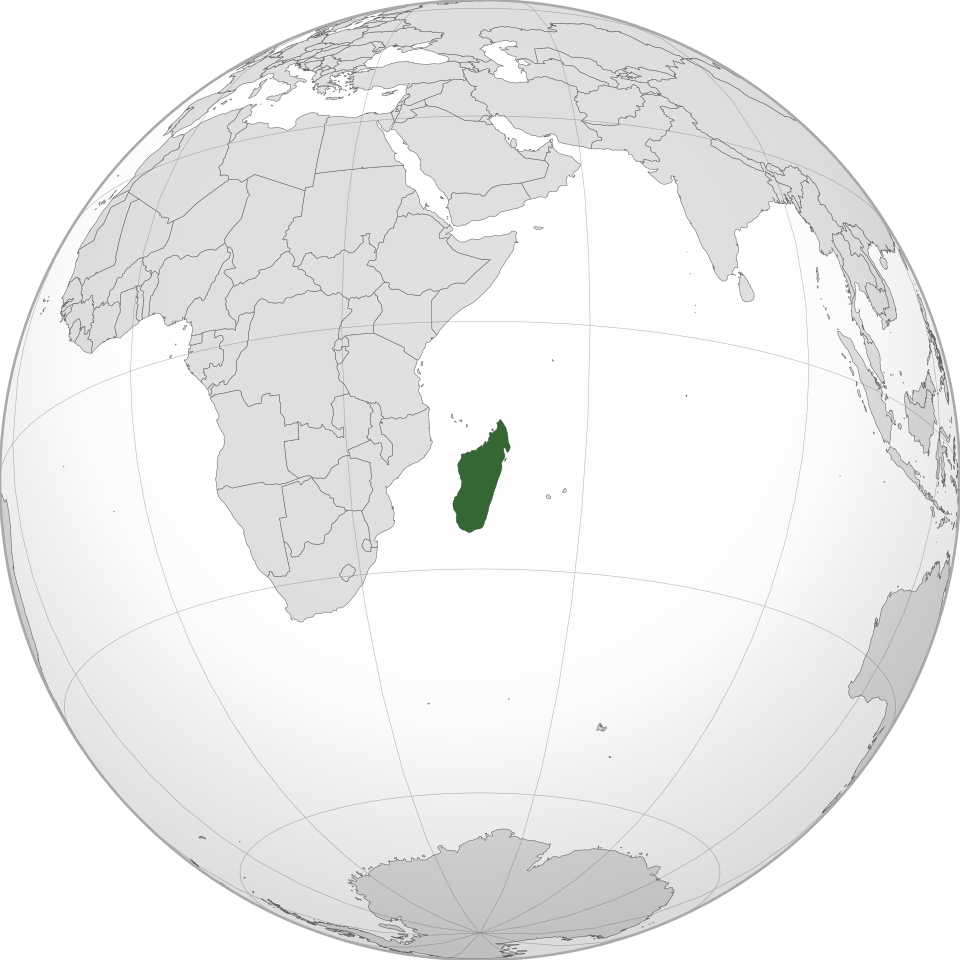 Orthographic map centered on Madagascar.