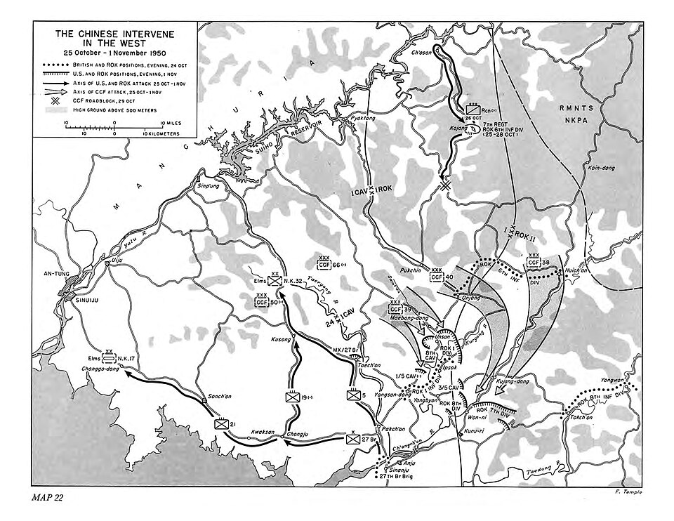 Map of Chinese intervention in the west between October 25 to November 1, 1950