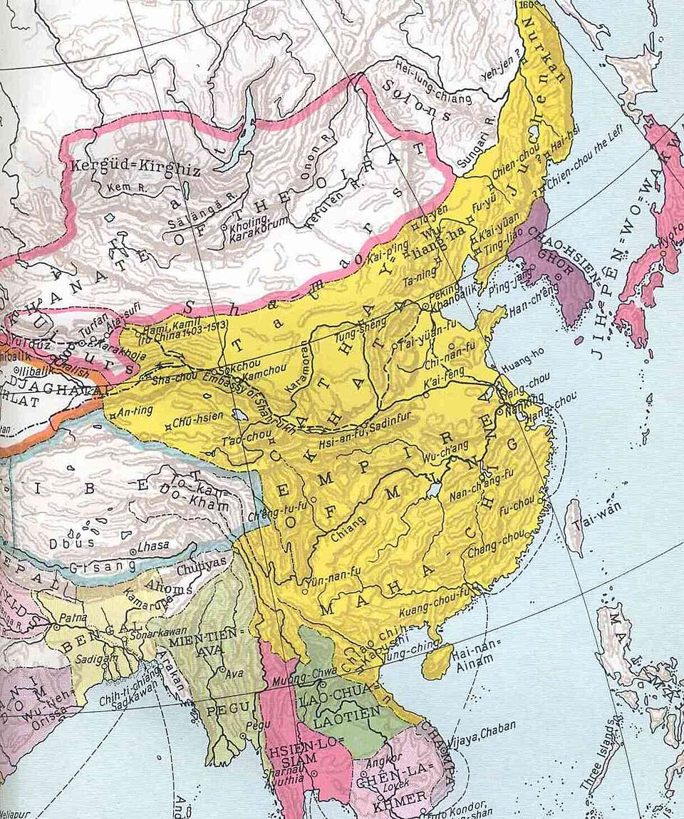 Detail of the Ming Empire ( yellow ) under the Yongle Emperor in the year 1415 For a guide to typography, symbols, etc., see " HCAC Scripts Symbols &…
