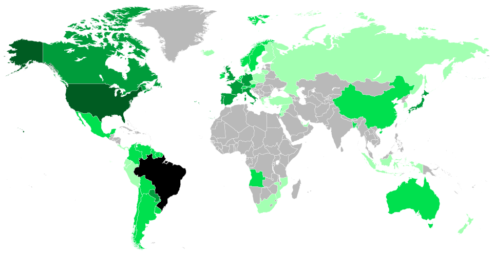 Map of the Brazilian people in the world. (The map might include people with Brazilian citizenship or children of Brazilians) Brazil + 1,000,000 + 100,000 +…
