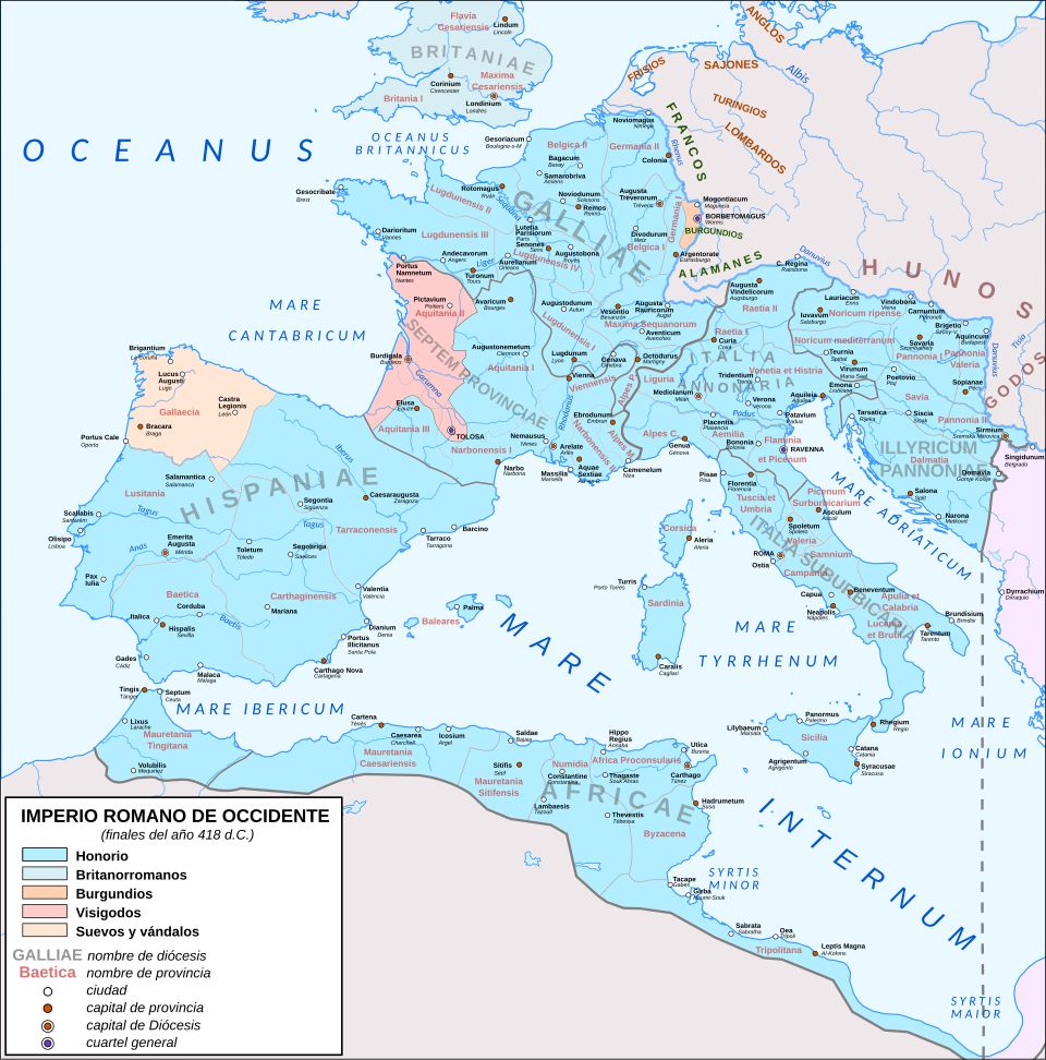 Map of the Western Roman Empire in 418 A.D. after the end of the Gothic War (408-416); the usurpations during the rule of Honorius; the recovery of part of…