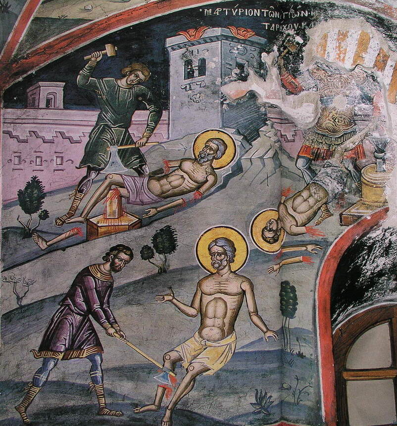 Fresco of the martyrdom of Saints Tarachos, Andronikos, and Probos from Dionysiou Monastery