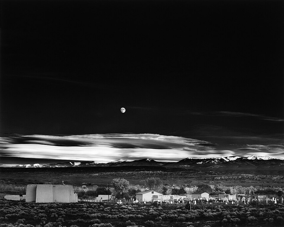 Moonrise, Hernandez, New Mexico , one of Ansel Adams' most famous photos. Photographed on November 1, 1941, 4:49:20 p.m. local time, as subsequently…