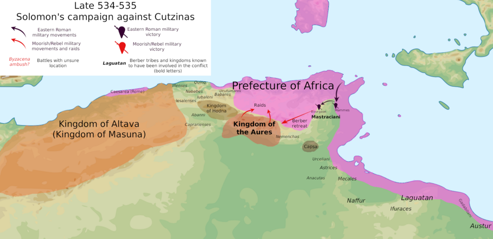Detailed map of the initial campaigns of Magister Militum Solomon against rebelling Berber tribes