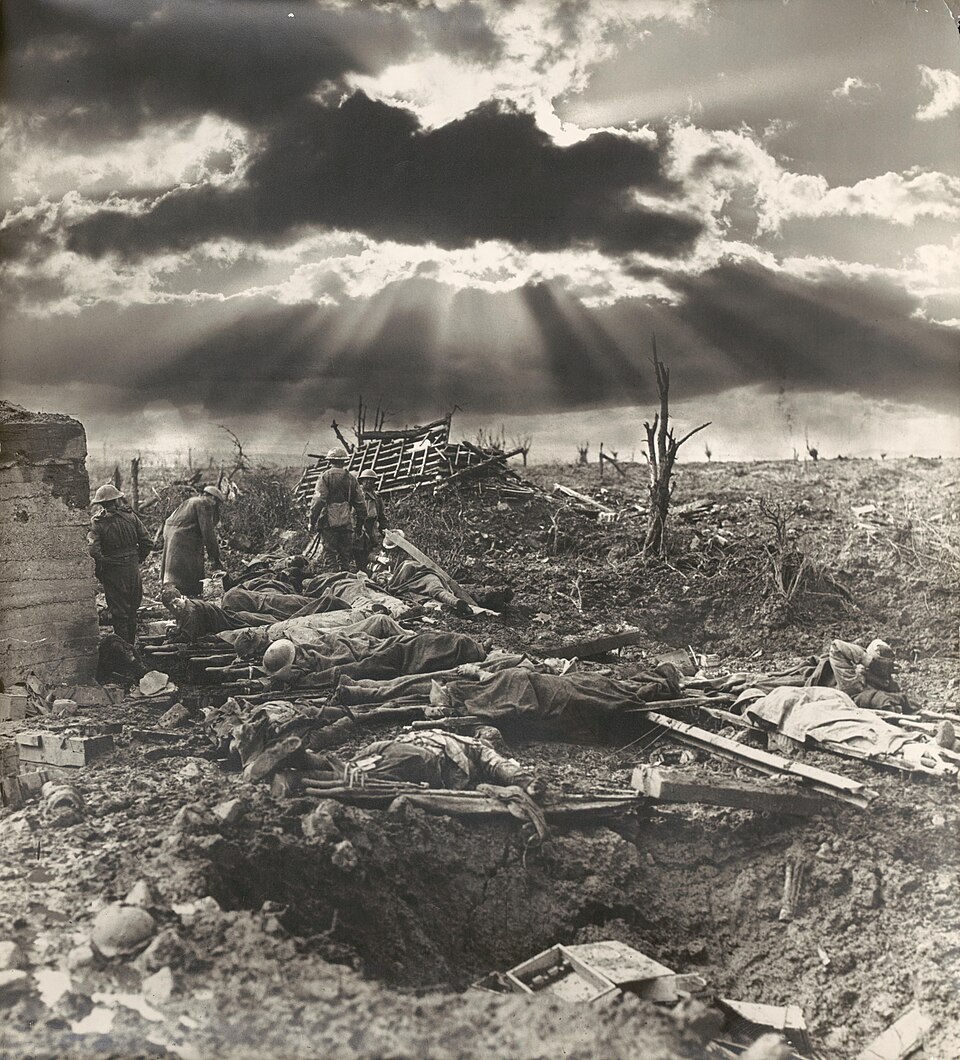 [The morning after the first battle of Paschendaele [Paschendale], Australian Infantry wounded around a blockhouse near the site of Zonnebeke Railway…
