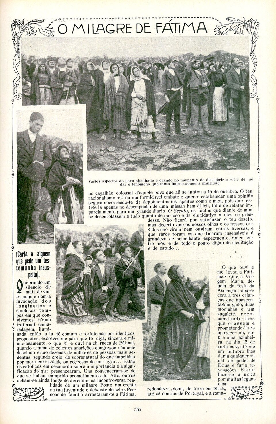 A page from Ilustração Portuguesa , October 29, 1917, showing the crowd looking at the Miracle of the Sun attributed to the Virgin Mary , that supposedly…